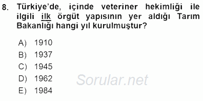 Veteriner Hizmetleri Mevzuatı ve Etik 2015 - 2016 Ara Sınavı 8.Soru