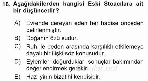 İlkçağ Felsefesi 2017 - 2018 Dönem Sonu Sınavı 16.Soru