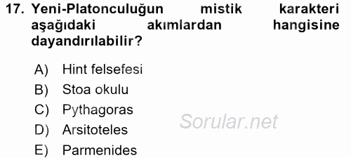 İlkçağ Felsefesi 2017 - 2018 Dönem Sonu Sınavı 17.Soru