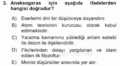 İlkçağ Felsefesi 2017 - 2018 Dönem Sonu Sınavı 3.Soru