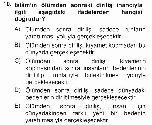 İslam İnanç Esasları 2012 - 2013 Dönem Sonu Sınavı 10.Soru