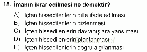 İslam İnanç Esasları 2012 - 2013 Dönem Sonu Sınavı 18.Soru