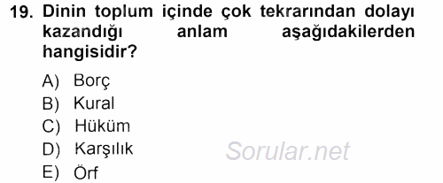 İslam İnanç Esasları 2012 - 2013 Dönem Sonu Sınavı 19.Soru