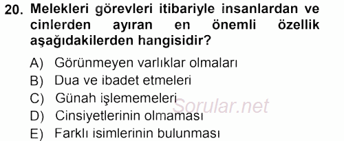 İslam İnanç Esasları 2012 - 2013 Dönem Sonu Sınavı 20.Soru