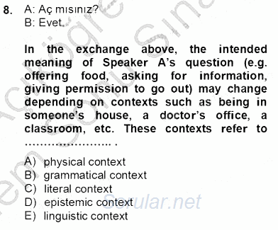 Türkçe Tümce Bilgisi Ve Anlambilim 2012 - 2013 Dönem Sonu Sınavı 8.Soru
