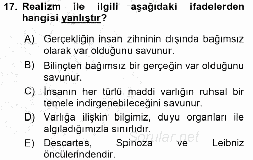 Eğitim Felsefesi 2016 - 2017 3 Ders Sınavı 17.Soru