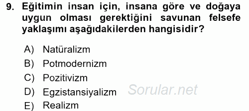 Eğitim Felsefesi 2016 - 2017 3 Ders Sınavı 9.Soru