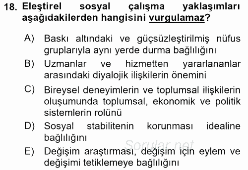 Sosyal Hizmet Uygulamaları 2015 - 2016 Dönem Sonu Sınavı 18.Soru