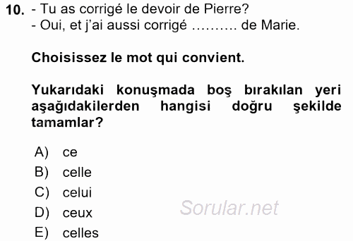 Fransızca 2 2015 - 2016 Dönem Sonu Sınavı 10.Soru