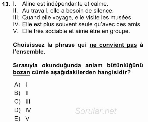 Fransızca 2 2015 - 2016 Dönem Sonu Sınavı 13.Soru