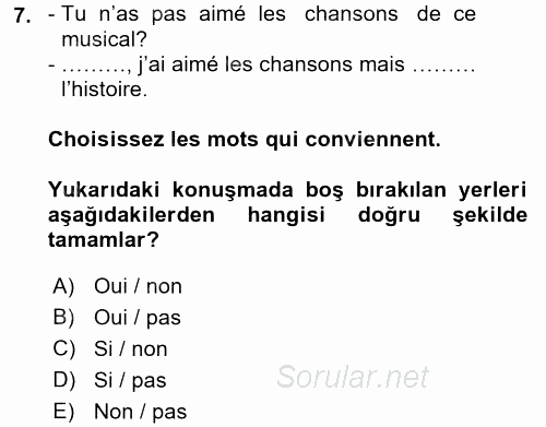 Fransızca 2 2015 - 2016 Dönem Sonu Sınavı 7.Soru
