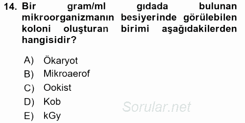 Gıda Güvenliğinin Temel Prensipleri 2017 - 2018 Ara Sınavı 14.Soru