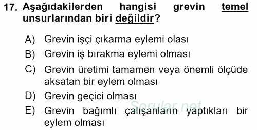 Endüstri İlişkileri 2017 - 2018 Dönem Sonu Sınavı 17.Soru