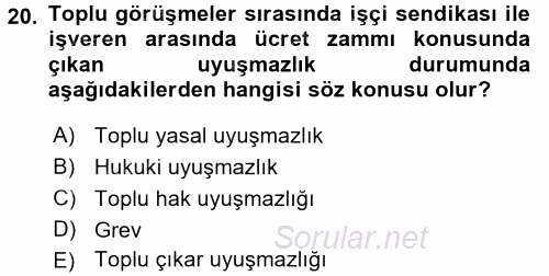 Endüstri İlişkileri 2017 - 2018 Dönem Sonu Sınavı 20.Soru