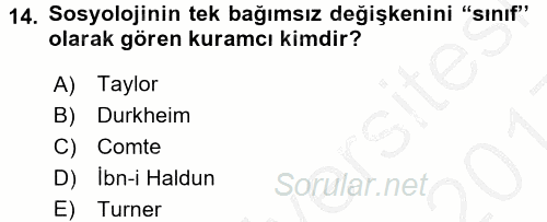 Çalışma Sosyolojisi 2016 - 2017 3 Ders Sınavı 14.Soru