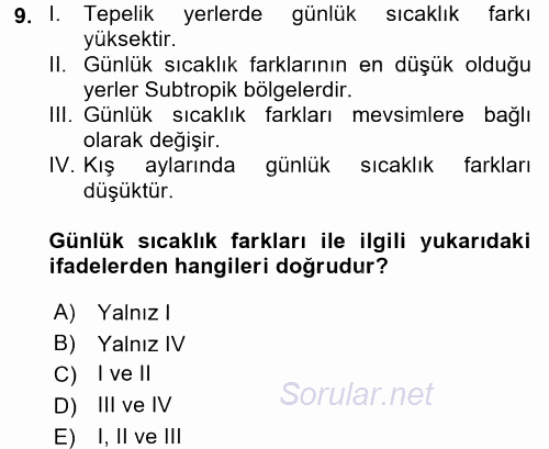 Tarımsal Meteoroloji 2017 - 2018 Ara Sınavı 9.Soru
