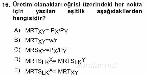 Doğal Kaynaklar ve Çevre Ekonomisi 2017 - 2018 Ara Sınavı 16.Soru