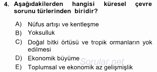 Doğal Kaynaklar ve Çevre Ekonomisi 2017 - 2018 Ara Sınavı 4.Soru