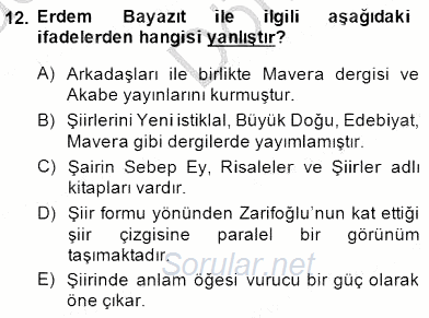 Cumhuriyet Dönemi Türk Şiiri 2014 - 2015 Dönem Sonu Sınavı 12.Soru