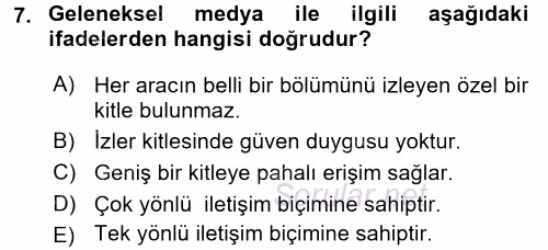 Medya Planlama 2016 - 2017 Dönem Sonu Sınavı 7.Soru