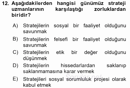 Stratejik Yönetim 2 2015 - 2016 Dönem Sonu Sınavı 12.Soru