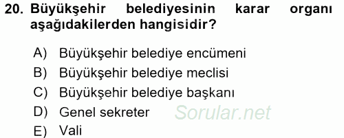 Kentleşme ve Konut Politikaları 2016 - 2017 3 Ders Sınavı 20.Soru