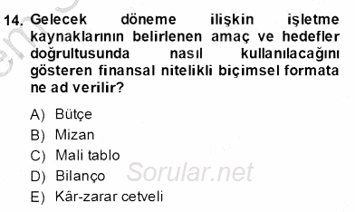 Konaklama İşletmelerinde Muhasebe Uygulamaları 2013 - 2014 Dönem Sonu Sınavı 14.Soru
