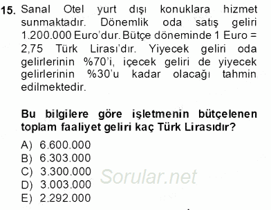 Konaklama İşletmelerinde Muhasebe Uygulamaları 2013 - 2014 Dönem Sonu Sınavı 15.Soru