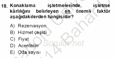 Konaklama İşletmelerinde Muhasebe Uygulamaları 2013 - 2014 Dönem Sonu Sınavı 18.Soru