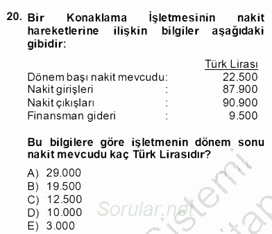 Konaklama İşletmelerinde Muhasebe Uygulamaları 2013 - 2014 Dönem Sonu Sınavı 20.Soru