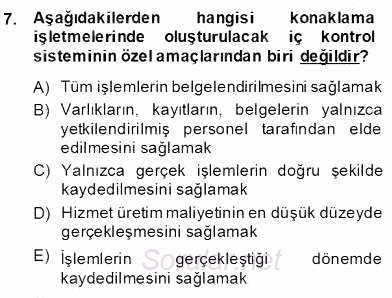 Konaklama İşletmelerinde Muhasebe Uygulamaları 2013 - 2014 Dönem Sonu Sınavı 7.Soru