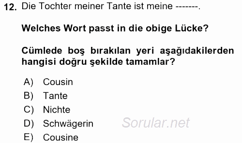 Almanca 1 2017 - 2018 Ara Sınavı 12.Soru
