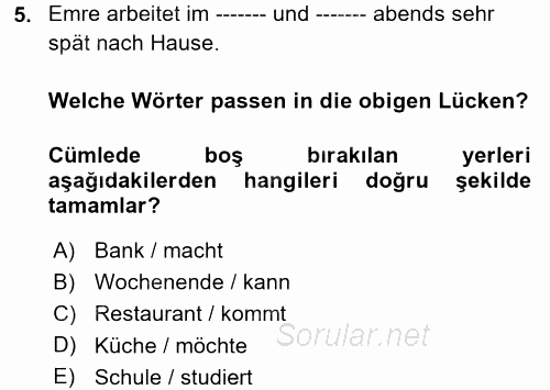 Almanca 1 2017 - 2018 Ara Sınavı 5.Soru