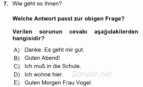 Almanca 1 2017 - 2018 Ara Sınavı 7.Soru