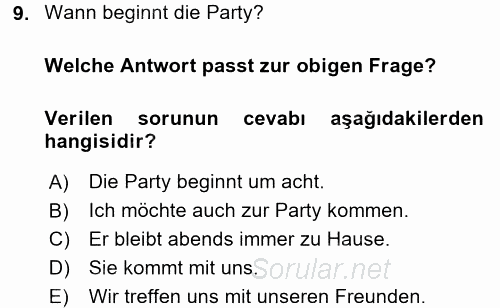 Almanca 1 2017 - 2018 Ara Sınavı 9.Soru