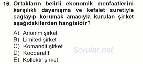 Şirketler Muhasebesi 2013 - 2014 Tek Ders Sınavı 16.Soru