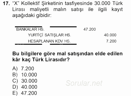 Şirketler Muhasebesi 2013 - 2014 Tek Ders Sınavı 17.Soru