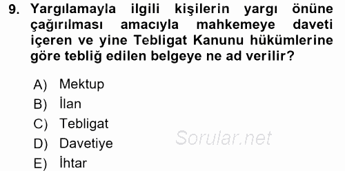 Hukuk Dili Ve Adli Yazışmalar 2017 - 2018 3 Ders Sınavı 9.Soru