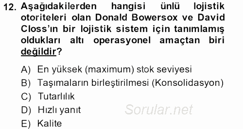 Tedarik Zinciri Yönetimi 2013 - 2014 Tek Ders Sınavı 12.Soru