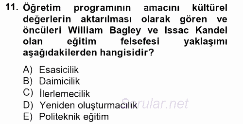 Eğitim Felsefesi 2014 - 2015 Tek Ders Sınavı 11.Soru