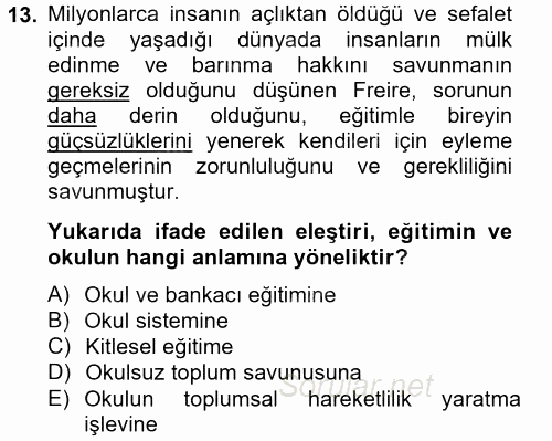 Eğitim Felsefesi 2014 - 2015 Tek Ders Sınavı 13.Soru