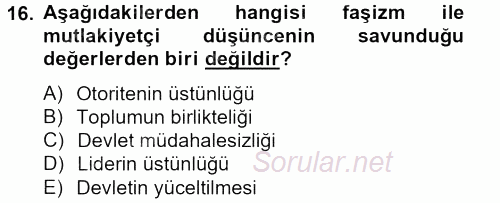 Siyaset Bilimi 2013 - 2014 Tek Ders Sınavı 16.Soru
