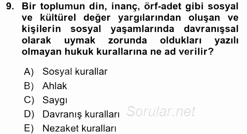 Sosyal Davranış ve Protokol 2016 - 2017 Ara Sınavı 9.Soru