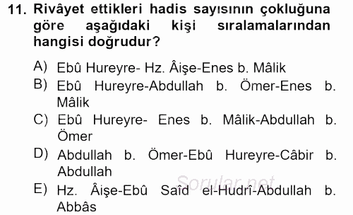 Hadis Tarihi ve Usulü 2013 - 2014 Dönem Sonu Sınavı 11.Soru