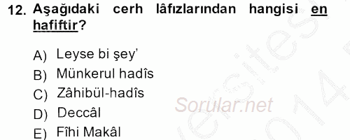 Hadis Tarihi ve Usulü 2013 - 2014 Dönem Sonu Sınavı 12.Soru