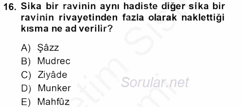 Hadis Tarihi ve Usulü 2013 - 2014 Dönem Sonu Sınavı 16.Soru