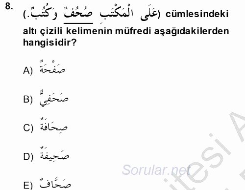 Arapça 2 2014 - 2015 Dönem Sonu Sınavı 8.Soru