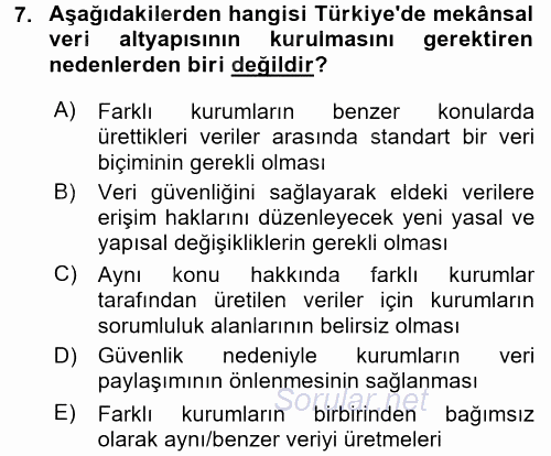 Coğrafi Bilgi Sistemleri Standartları ve Temel Mevzuat 2016 - 2017 Dönem Sonu Sınavı 7.Soru