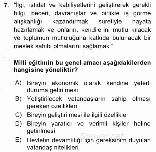 Eğitim Bilimine Giriş 2015 - 2016 Dönem Sonu Sınavı 7.Soru