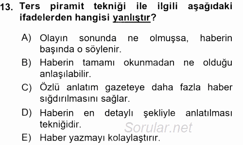 Haber Yazma Teknikleri 2015 - 2016 Ara Sınavı 13.Soru